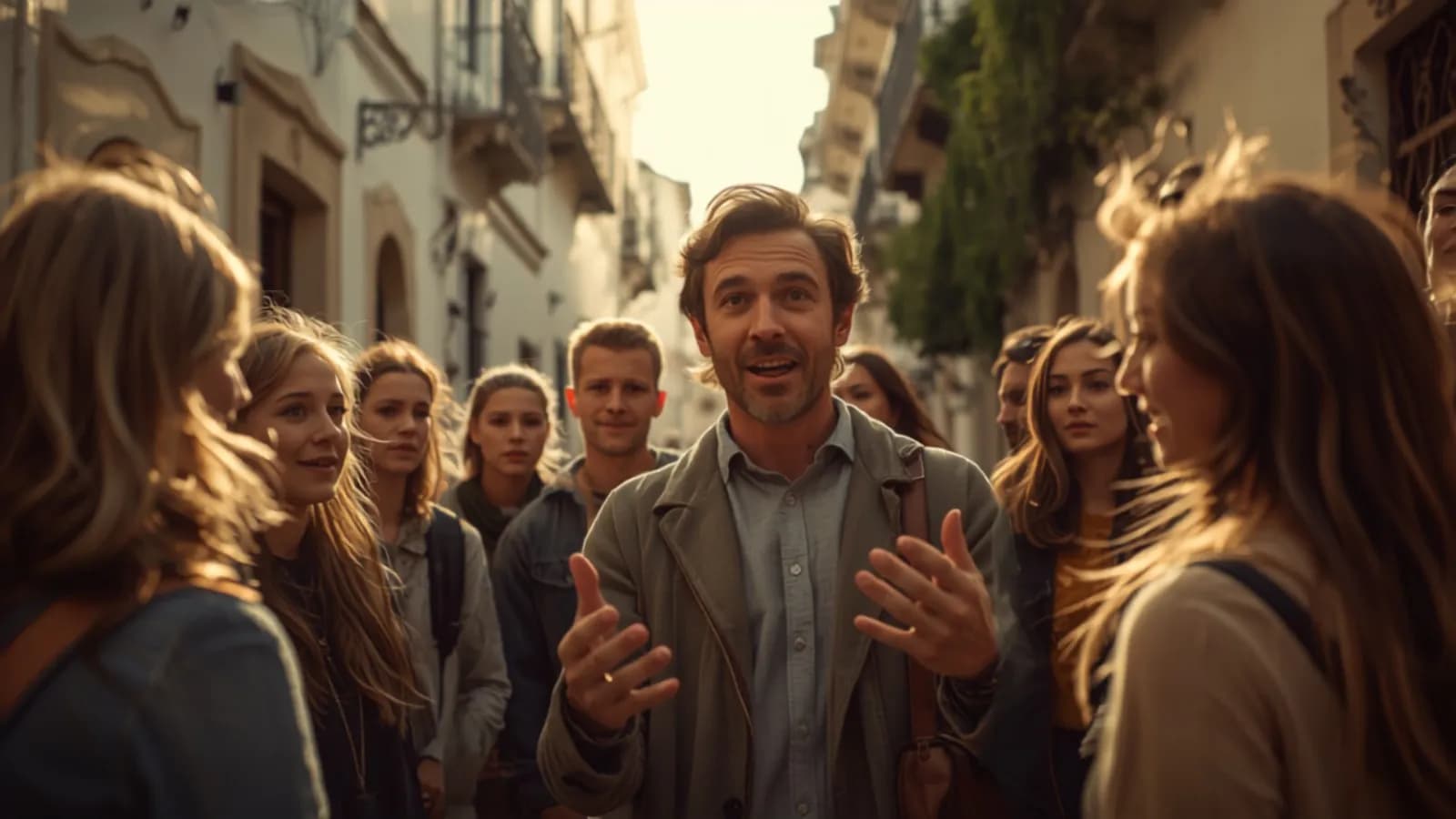 Guía turístico explicando a un grupo pequeño en una calle andaluza
